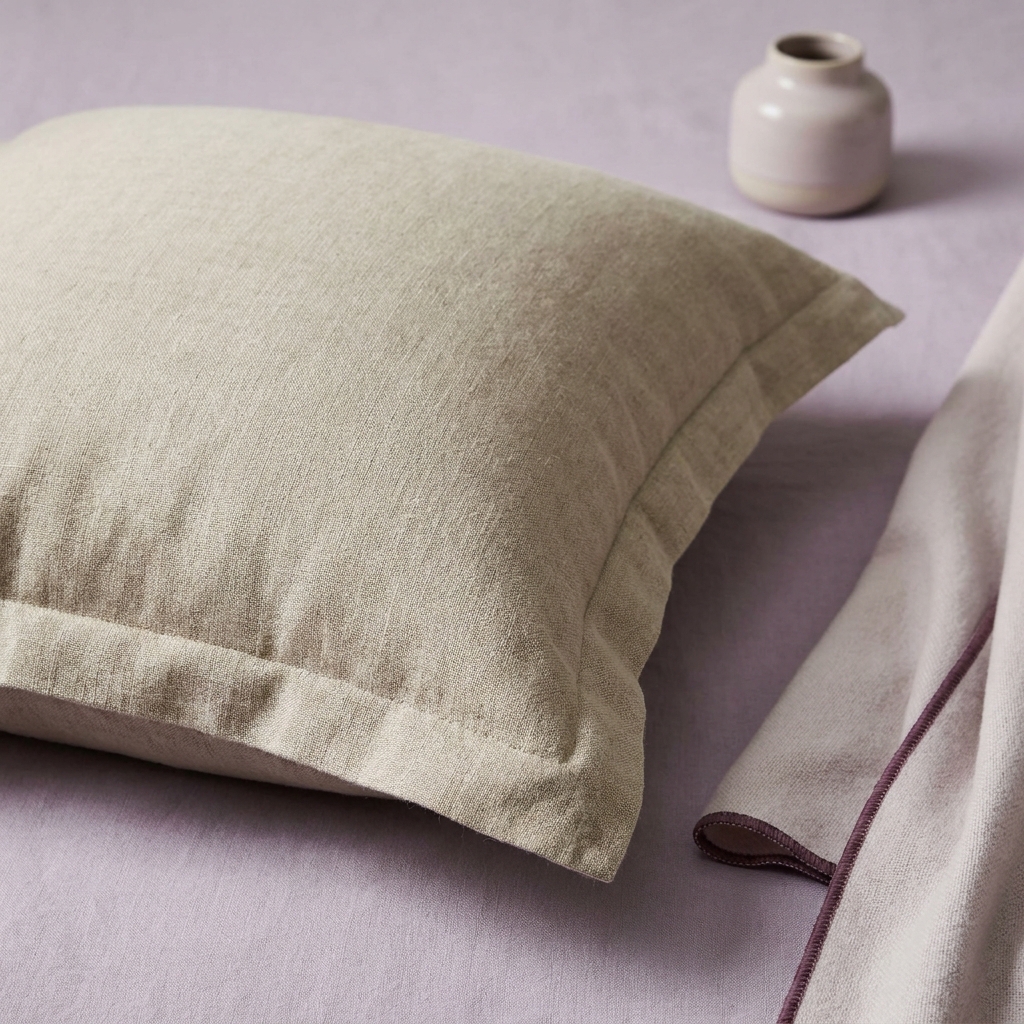 Close up of a 26x26 euro sham with a slightly oversized insert filling the corners and a visible flange on a soft lavender background