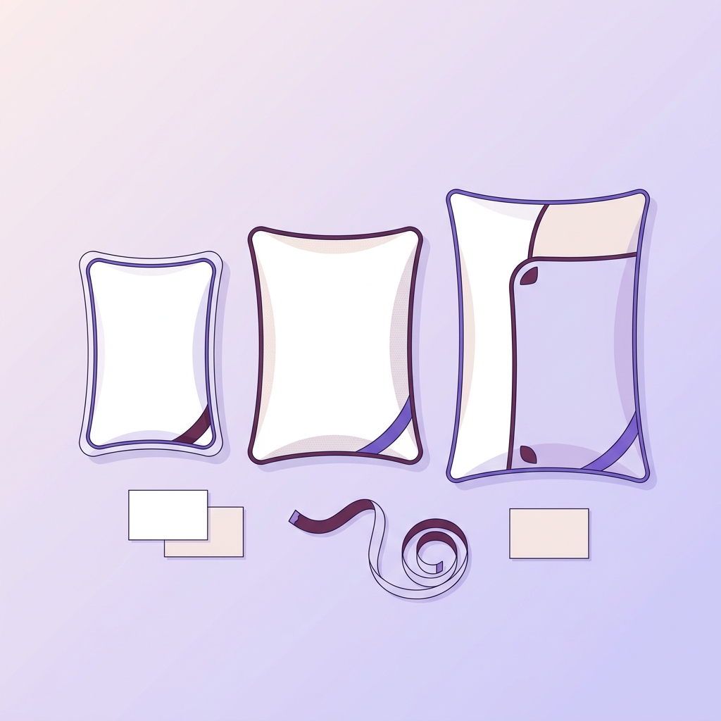 Flat lay vector of three pillow shams in standard queen and king sizes with a blank measuring tape and two blank size cards on a soft lavender background