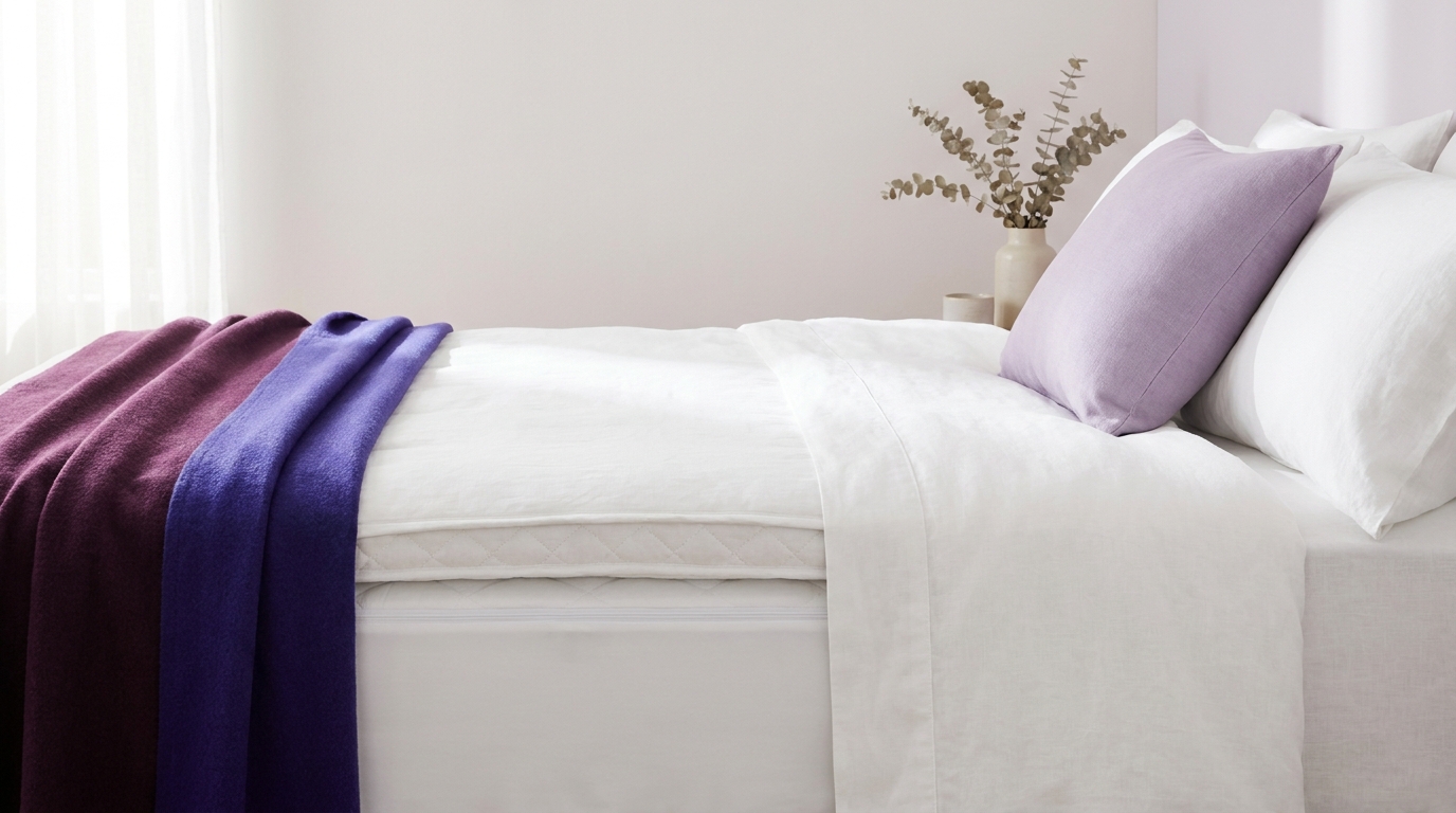 Made bed editorial photo with visible layered topper and smooth protector under a fitted sheet in soft natural light