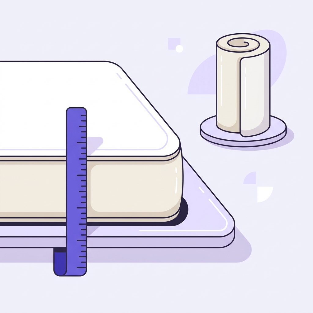 Minimalist 2D vector of a mattress edge with a rolled topper beside it and a tape measure showing depth with unlabeled tick marks no numbers