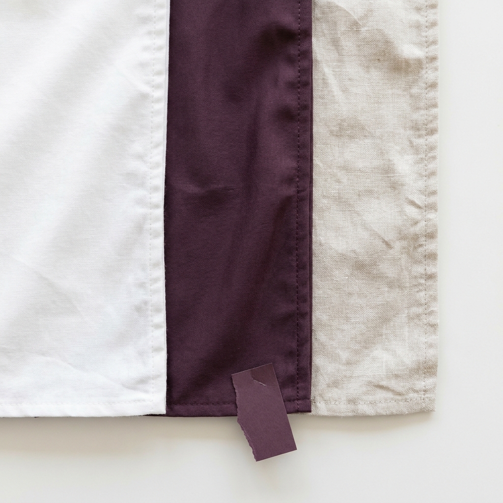 Close up flat lay of three bed skirt fabrics cotton polyester and linen side by side on a soft lavender background showing texture folds weave and stitching detail minimal styling
