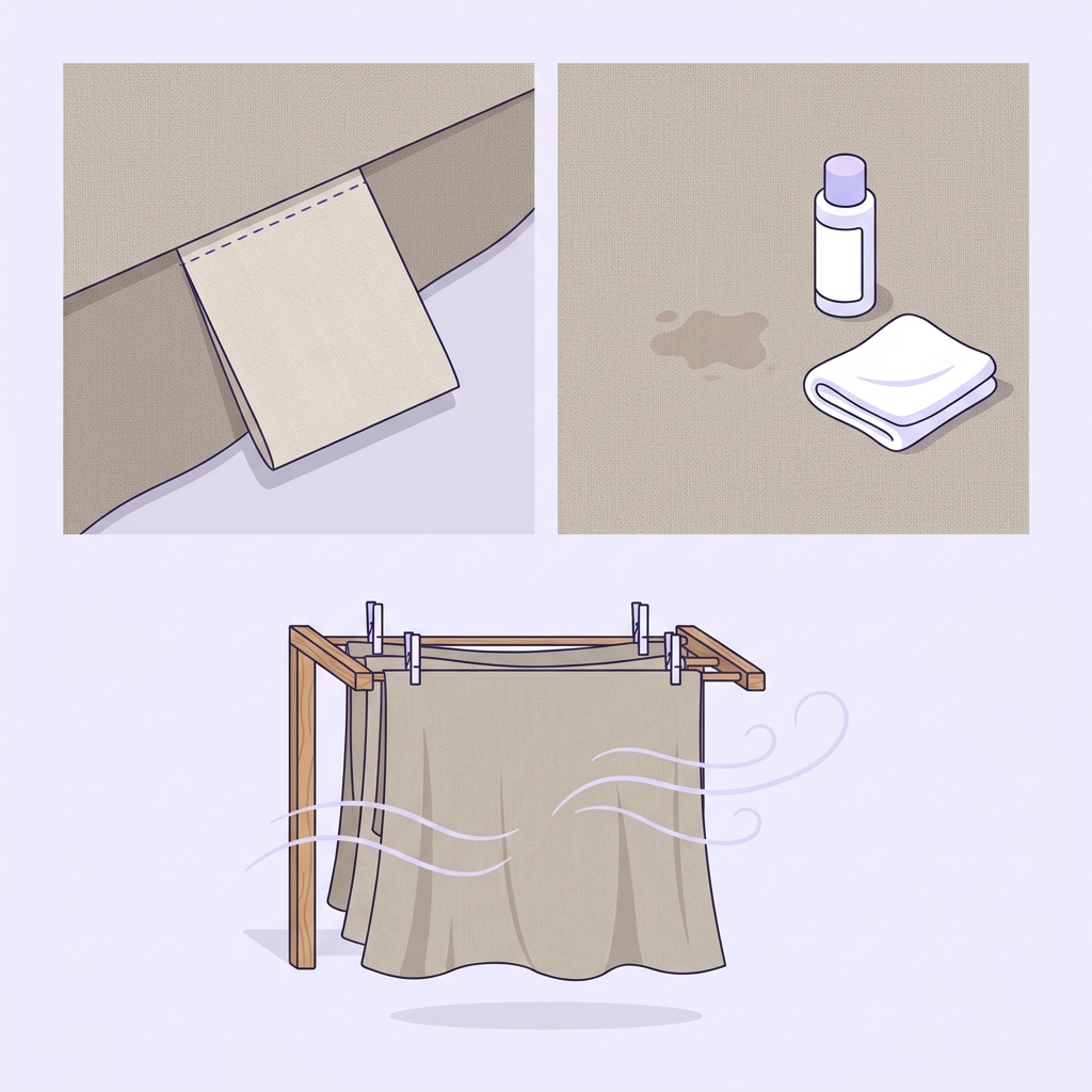 Minimalist 2D vector triptych showing a close up of a sewn care label on a bed skirt a small pretreatment stain with a bottle and cloth and a gentle air drying setup on a rack