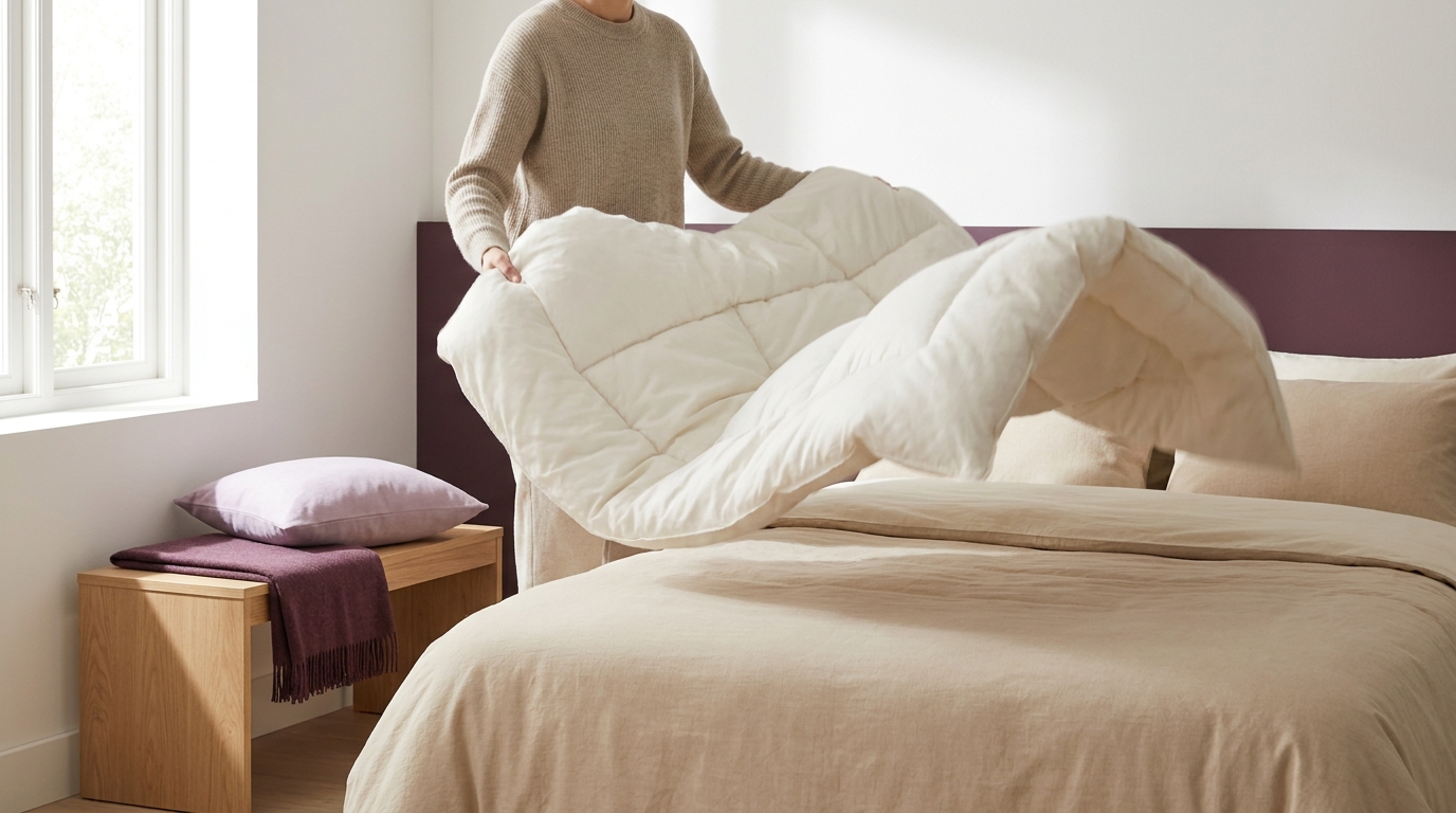 Person shaking a comforter mid air above a neat bed in soft natural light with white and deep plum accents
