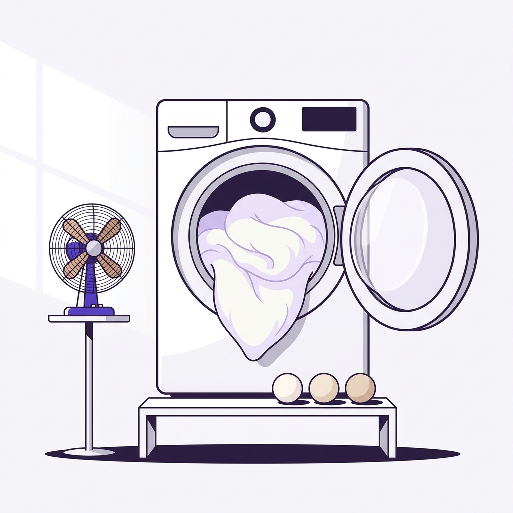 Vector illustration of a minimalist laundry room with a large capacity dryer door open revealing a slightly damp comforter with wool dryer balls and a small fan nearby