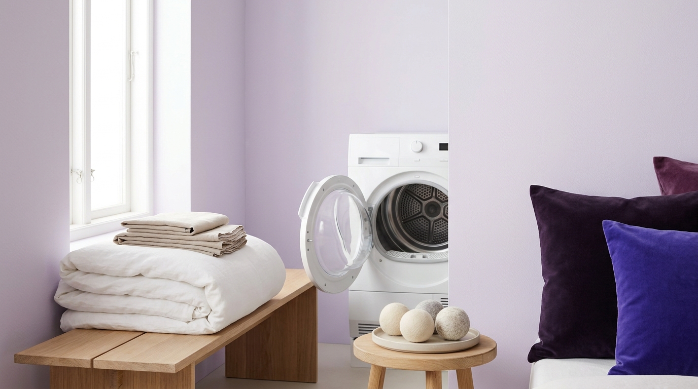 Minimalist bedroom with folded duvet beside an open dryer and wool dryer balls on a nearby surface in soft light