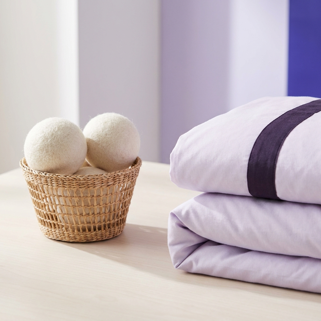 Wool dryer balls in a woven laundry basket beside a neatly folded duvet cover on a soft lavender background with white and deep plum accents soft natural light