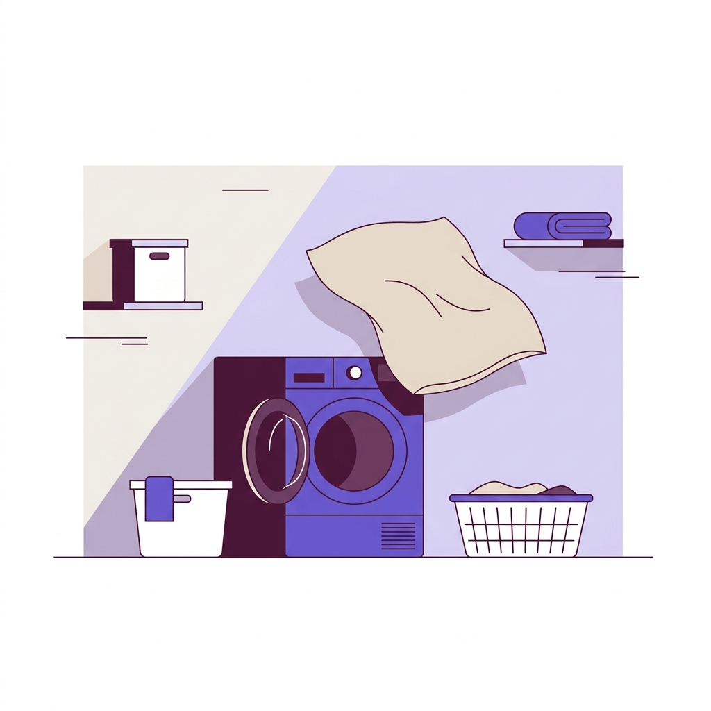 2D vector laundry room with open dryer and duvet midair no people visible