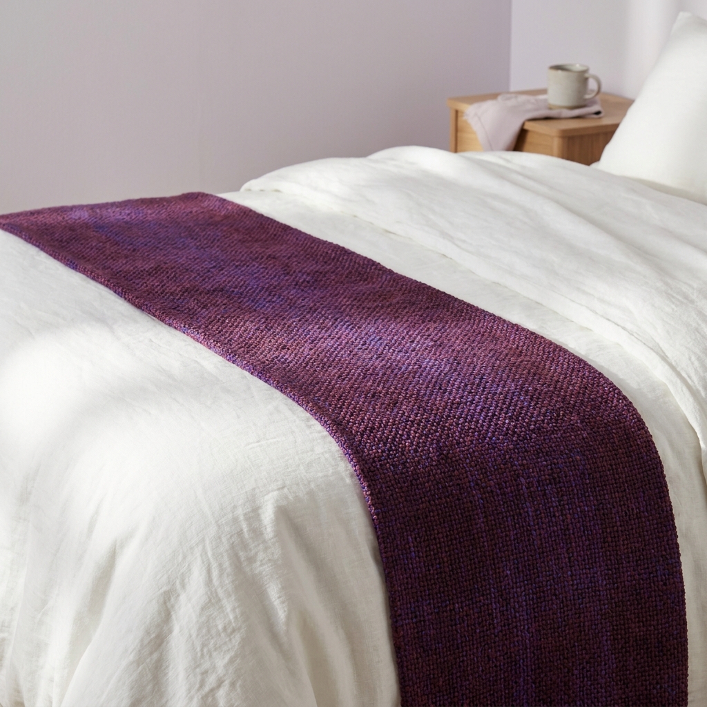 Close view of a long narrow bed runner at the foot of a bed with most of the duvet visible highlighting texture and proportion