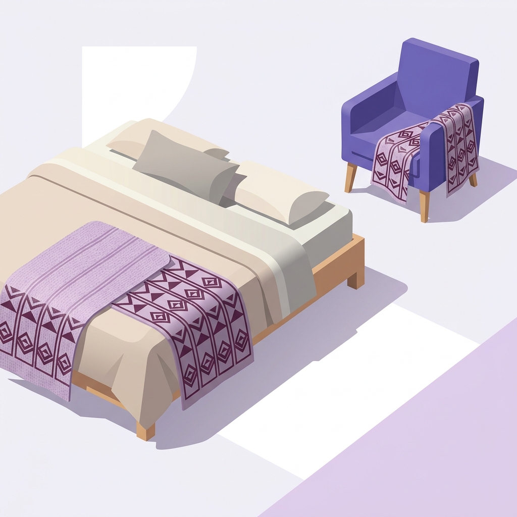 Square throw draped over a bed corner and the same throw folded on a nearby armchair to show layering and versatility