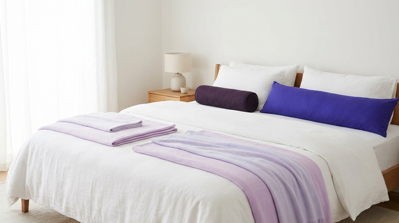 Minimalist bedroom showing a neat bed with a short bolster at the head and a long body pillow along the side whats the difference between a bolster pillow and a body pillow