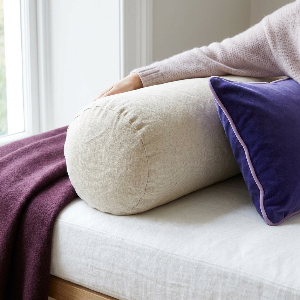 Close macro view of a tube like bolster pillow on a minimalist daybed showing fabric texture visible stitching and soft lavender and deep plum accents