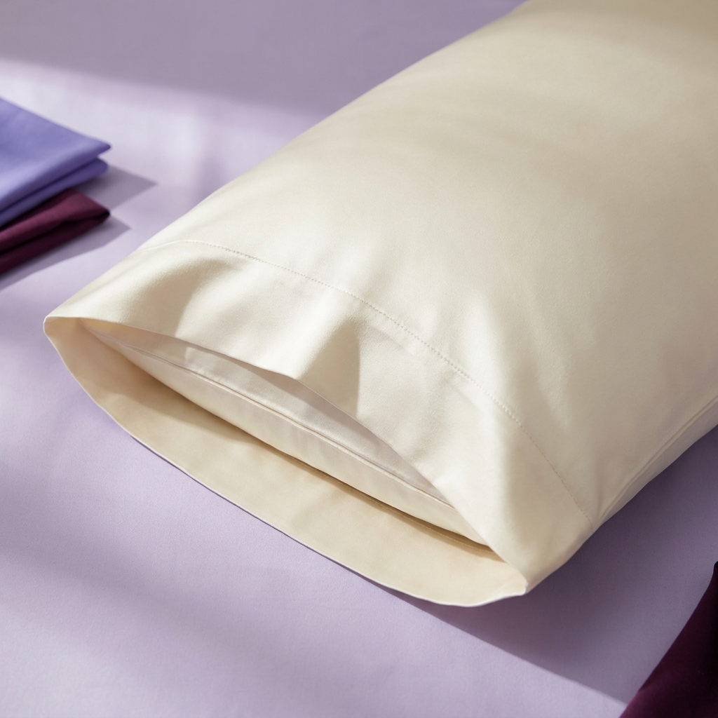 Close up silk envelope pillowcase showing internal tuck in flap on soft lavender background minimal styling