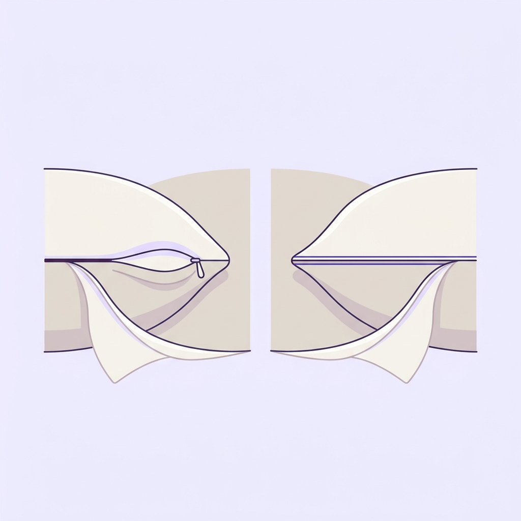 Vector closeup of a hidden zip seam and a visible open end seam side by side on neutral bedding with soft lavender background and purple seam accents