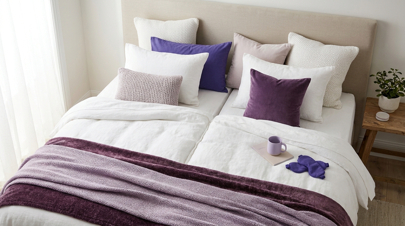 Overhead editorial photo of a made king bed filling the frame showing the seam where two mattress halves meet in neutral bedding tones
