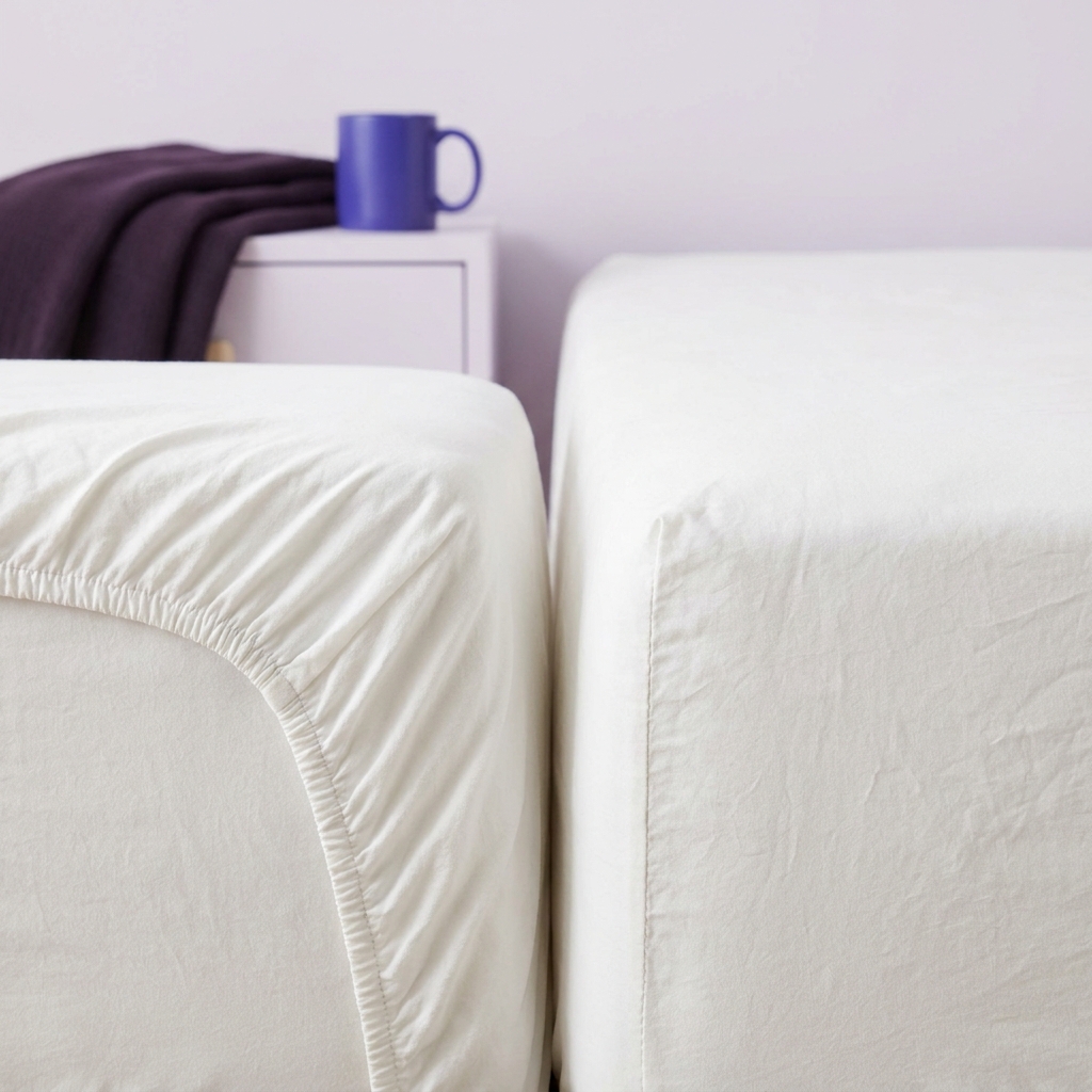 Fitted sheet corner comparison on adjacent Twin XL mattresses illustrating separate fit