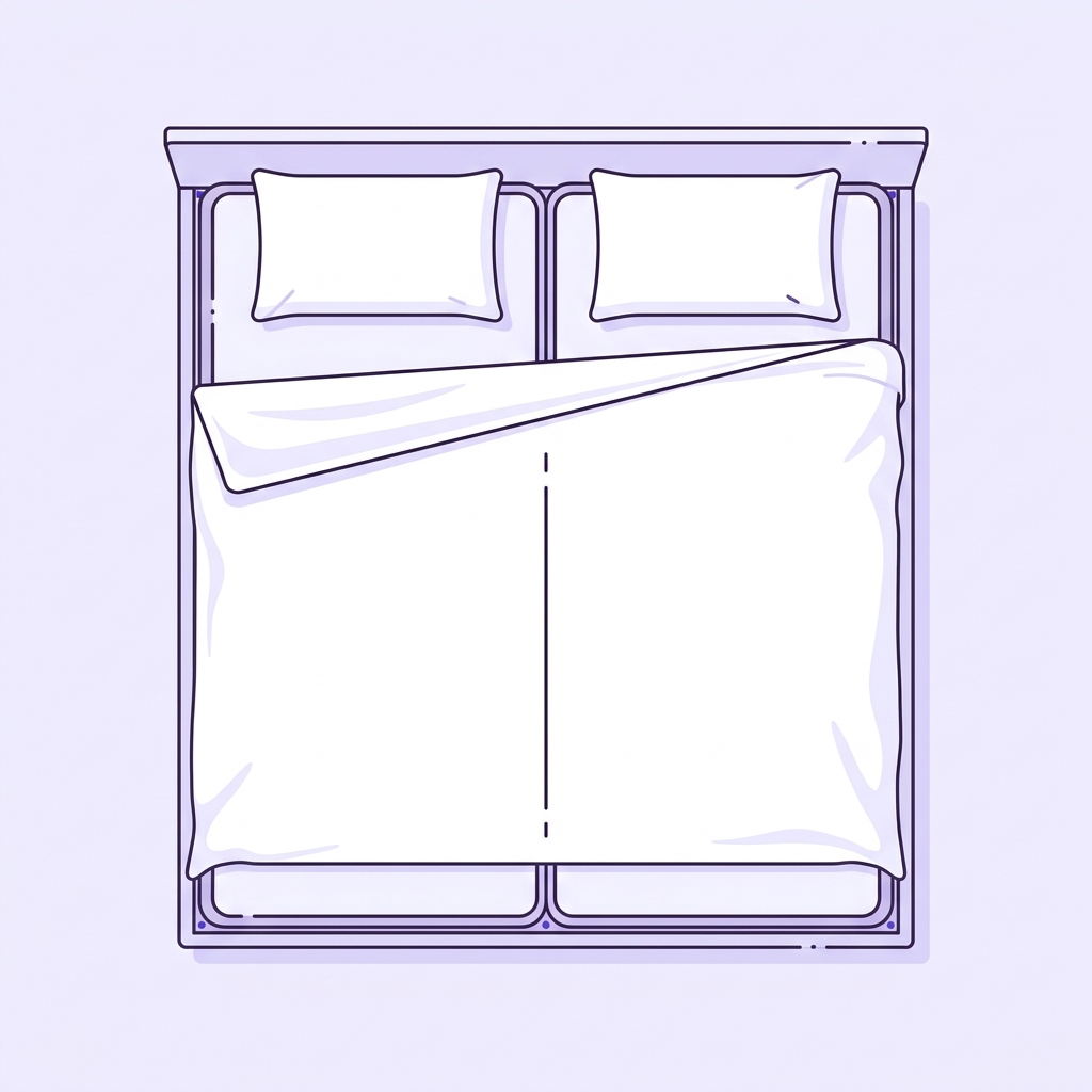 Top down minimal vector of a split king bed with a single king flat sheet spanning both mattress halves showing a thin seam line and smooth tuck on a soft lavender background
