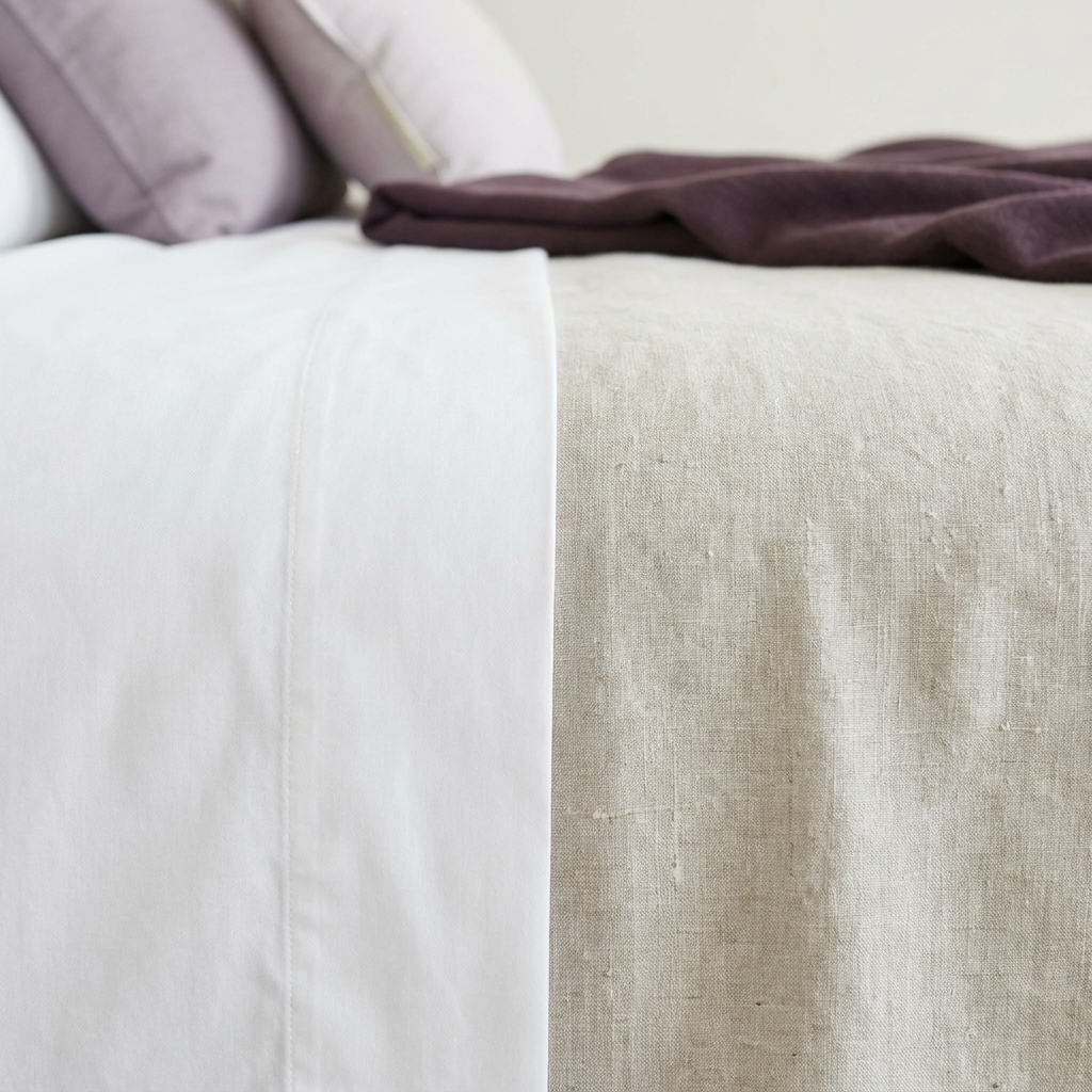 Close up photograph of percale weave and linen weave sheets side by side on a neatly made bed showing texture contrast and neutral styling
