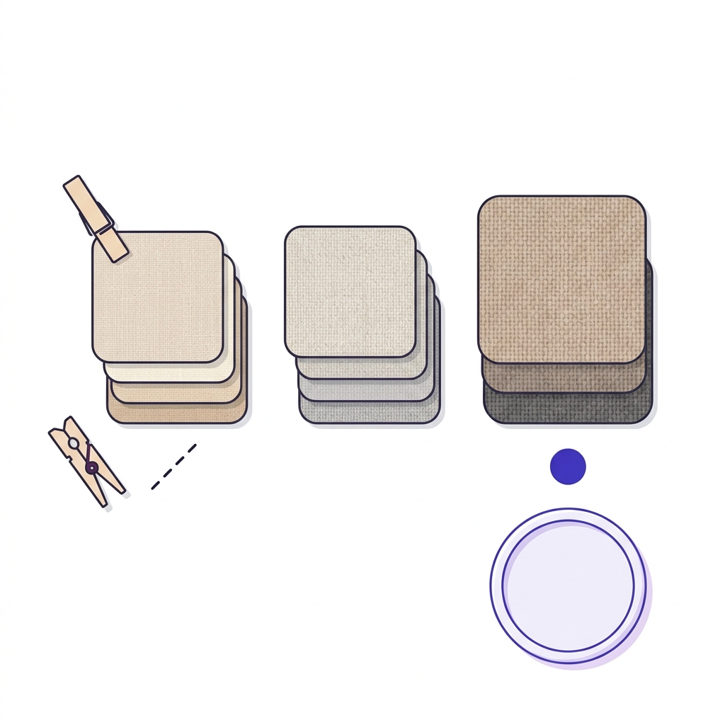 2D vector flat lay of three fabric swatch groups indicating lightweight mid weight and heavyweight gsm bands using size and simple icons no text on a soft lavender background with neutral fabric colours and brand colour accents