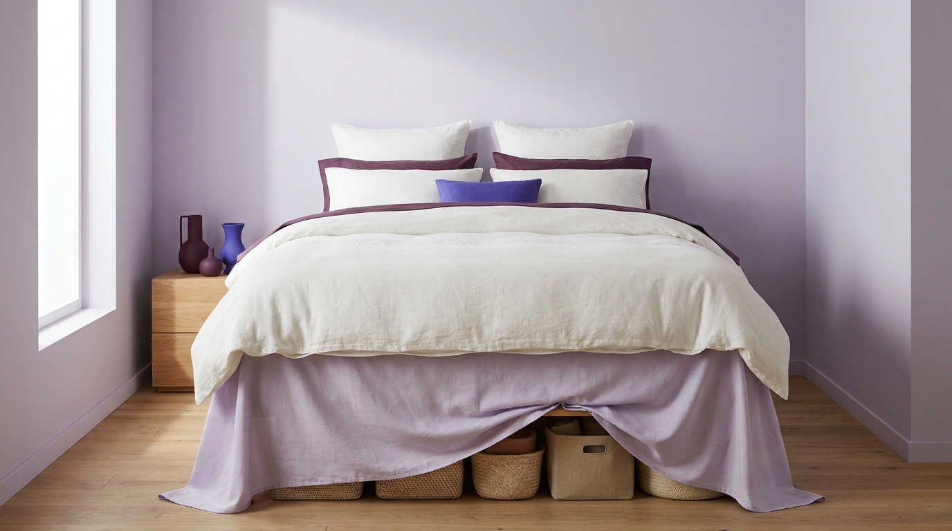Neatly made bed with a floor length fabric valance partially lifted to reveal tidy underbed storage in a calm neutral bedroom lit by soft natural daylight