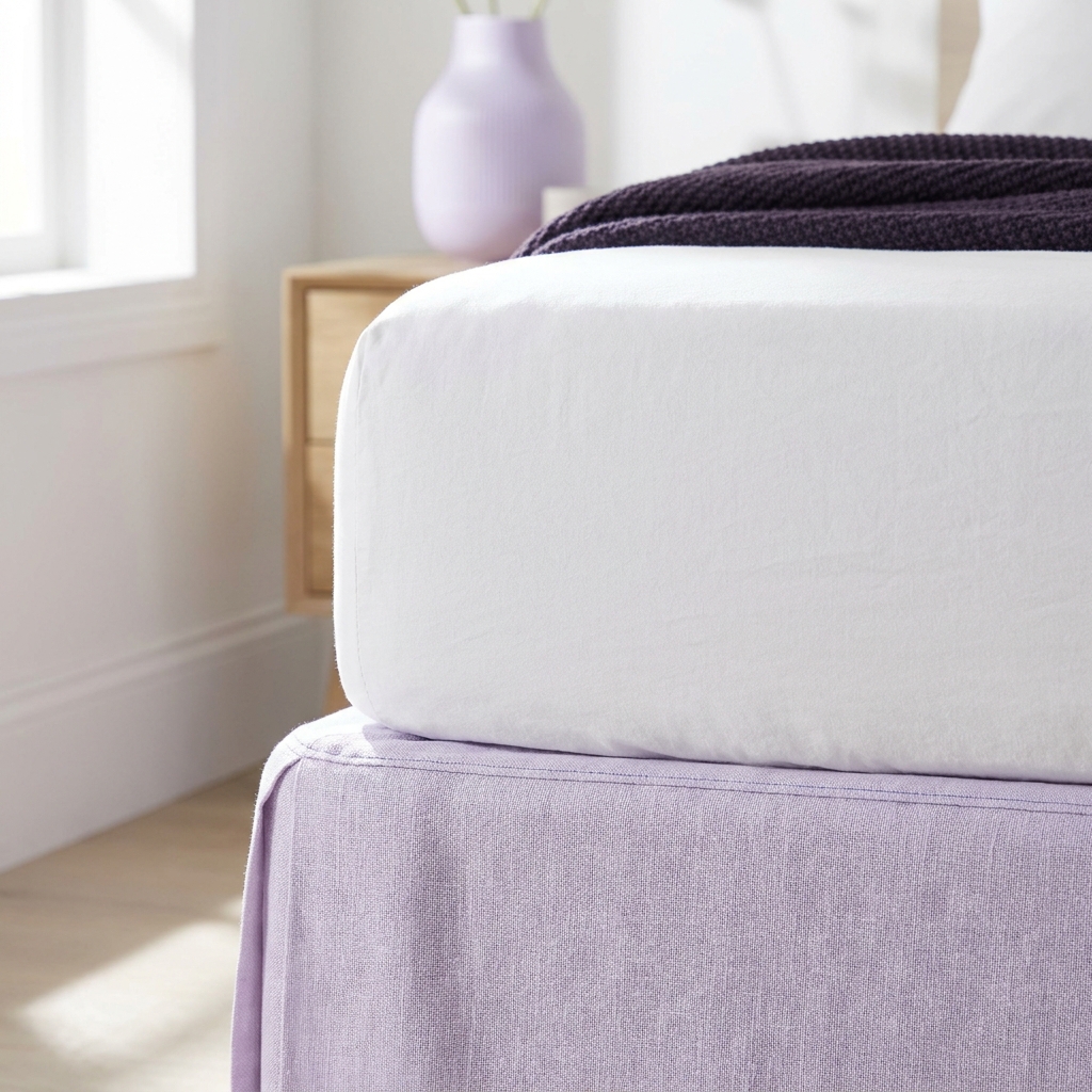 Close up of valance fabric hem and drop beside mattress edge showing texture and length in a minimalist bedroom setting