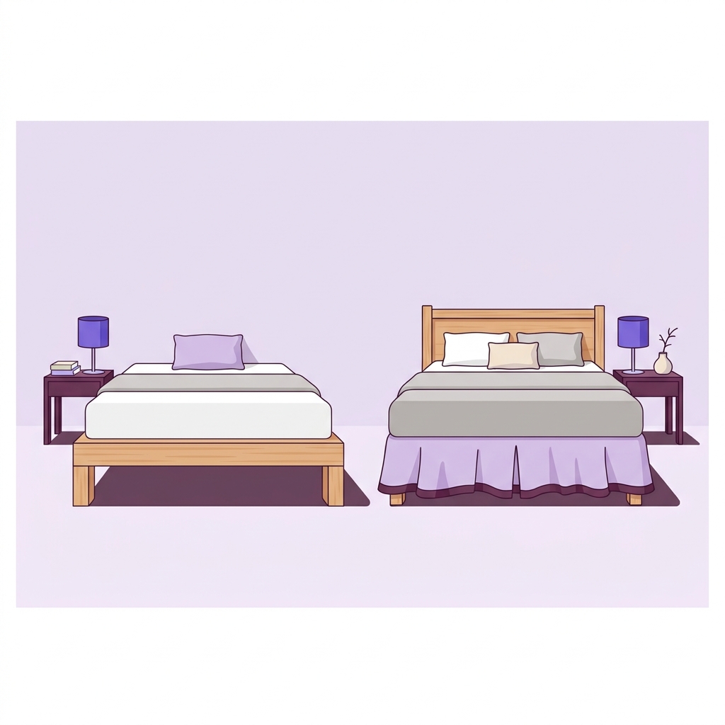 Minimalist 2D vector comparison of a platform bed without valance on the left and a traditional bed with a valance on the right