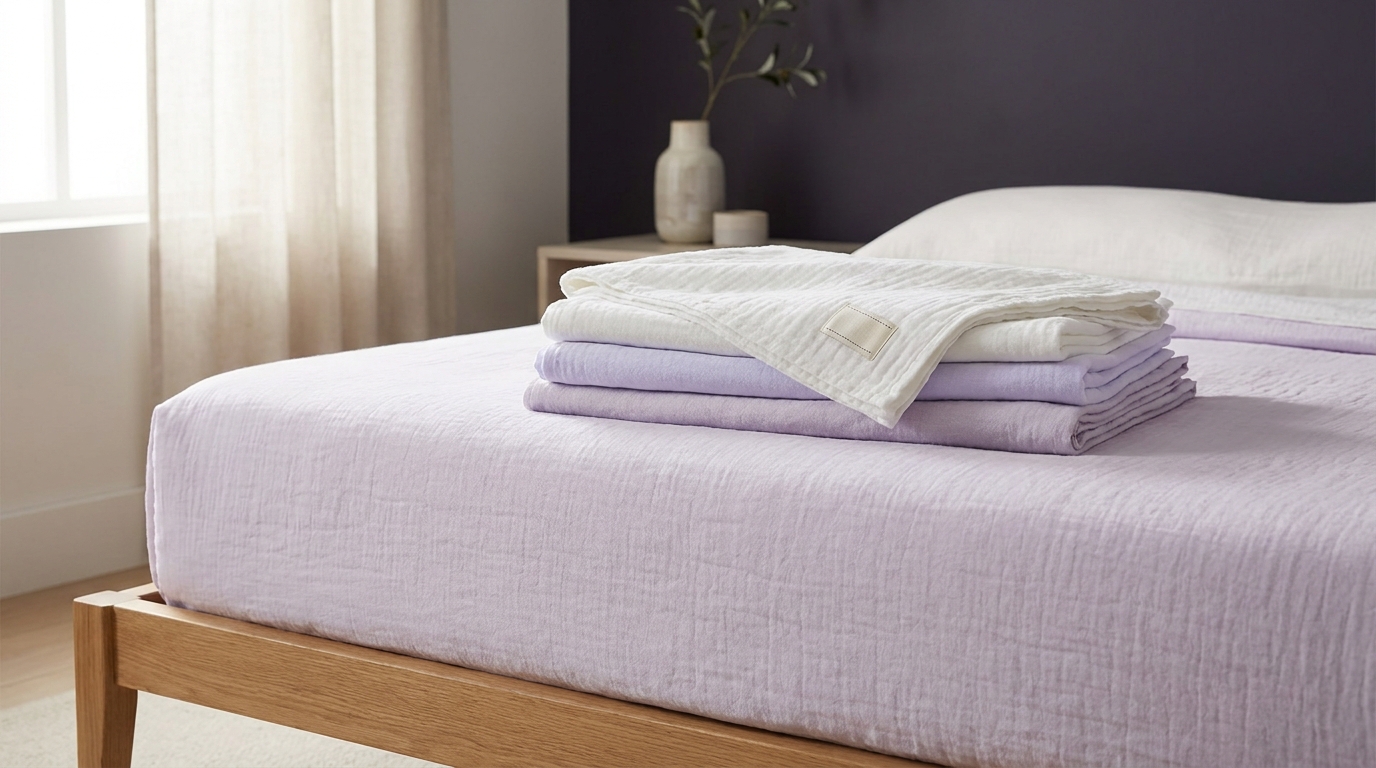 Calm bedroom with folded organic cotton sheets and a small unbranded certification tag on the corner under soft natural light in soft lavender and pale accent tones