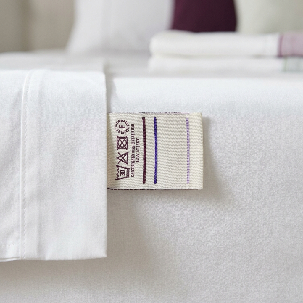 Close up of a sewn label on a white sheet showing subtle certification marks with minimal composition whats better oeko-tex or gots