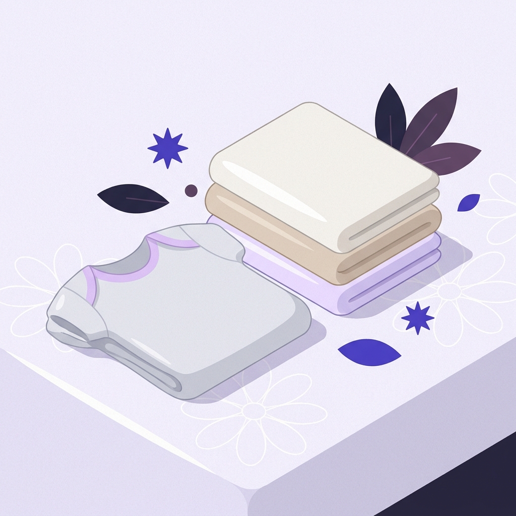 Minimal 2D vector of a folded baby garment and soft fabric stack on a bed in Talk About Sleep brand colors whats better oeko-tex or gots