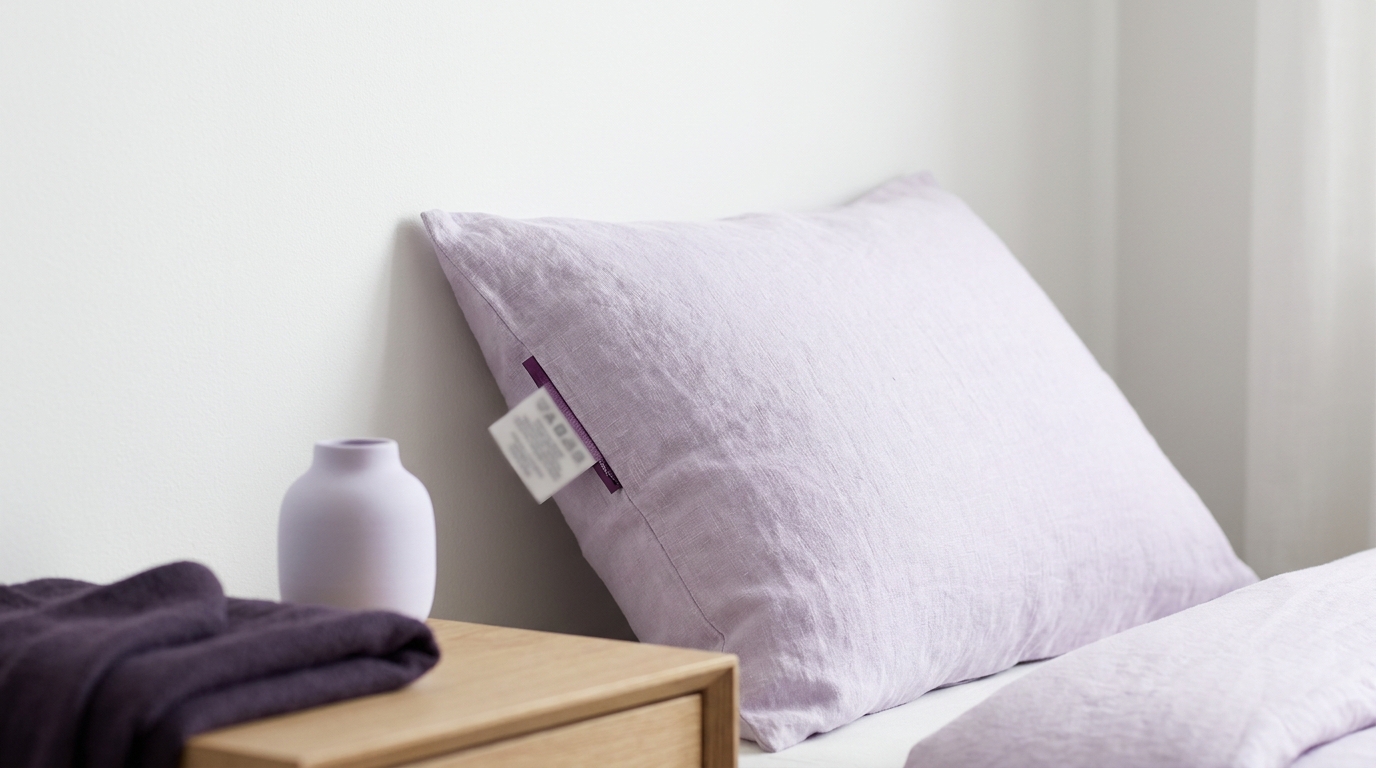 Minimal bedroom corner with neutral bedding and a visible but unreadable care label on a pillow suggesting