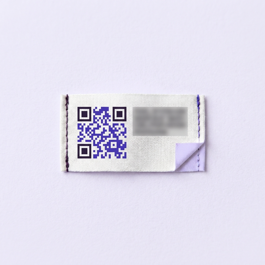 Close up mattress tag with abstract QR pattern and blurred certificate area on soft lavender backdrop