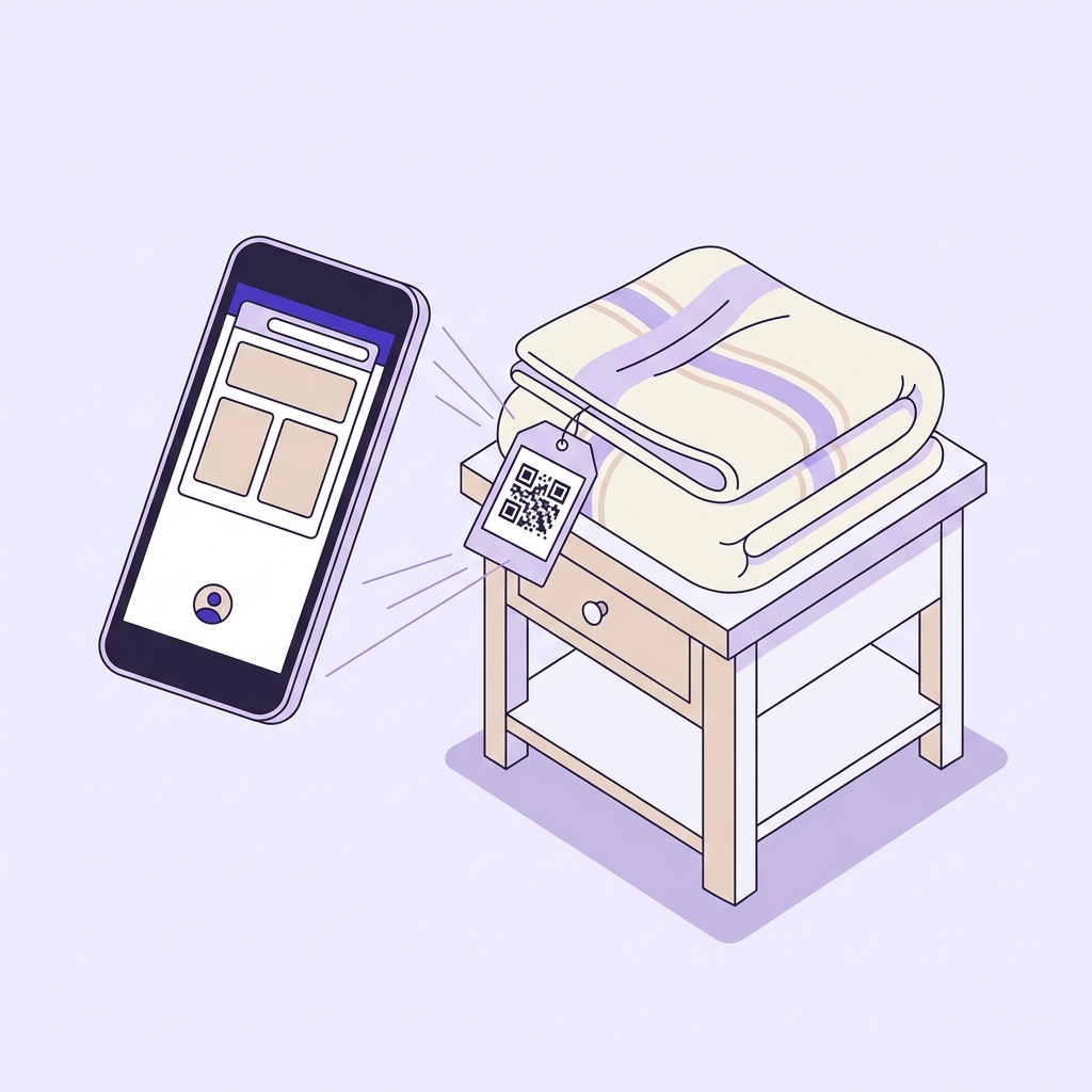 Minimalist 2D vector of a smartphone scanning a QR code on a bedding tag on a folded duvet beside a nightstand showing a neutral browser page