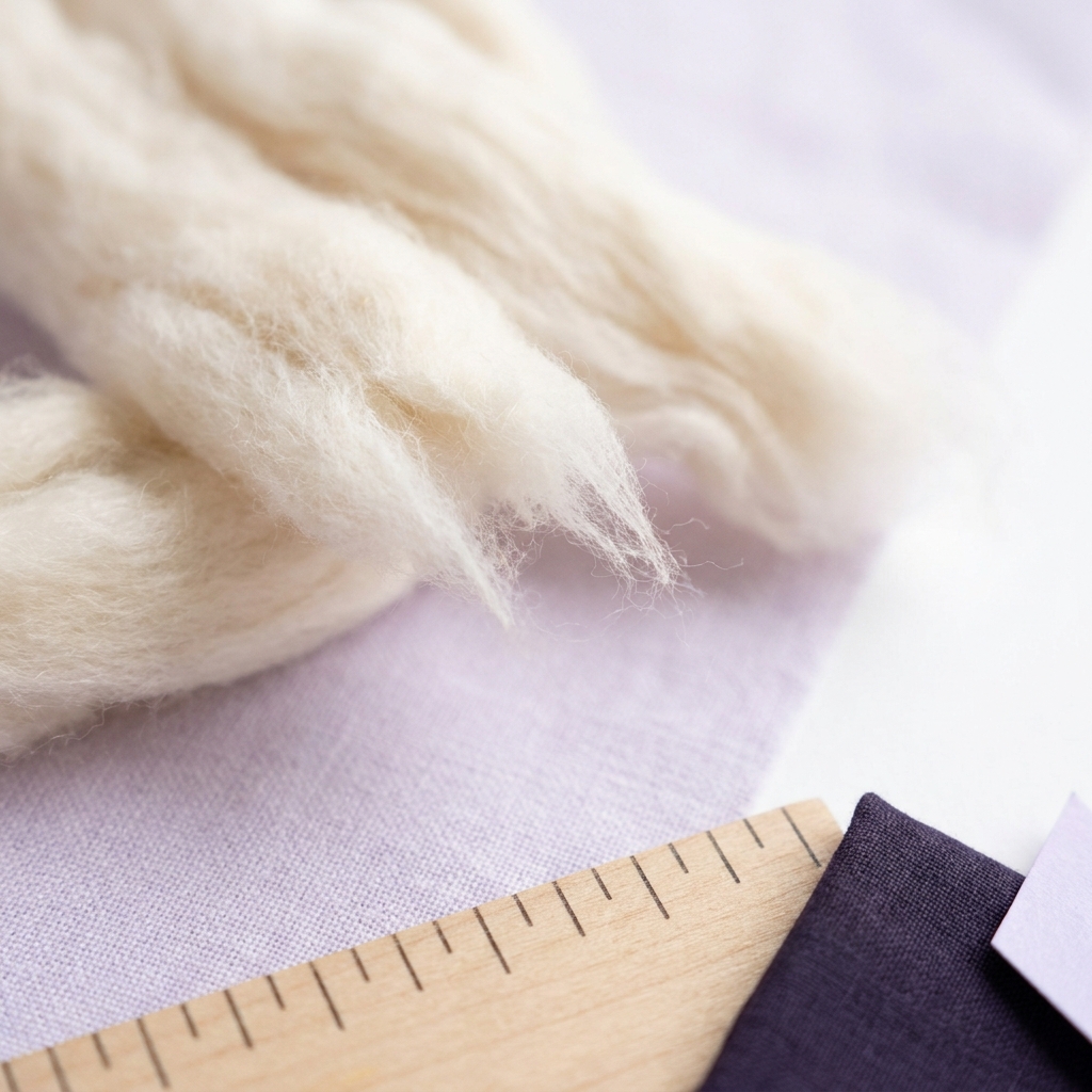Macro close up of natural cotton fibers next to a wooden ruler showing tick marks only to suggest staple length on a soft lavender background with a small primary violet fabric accent
