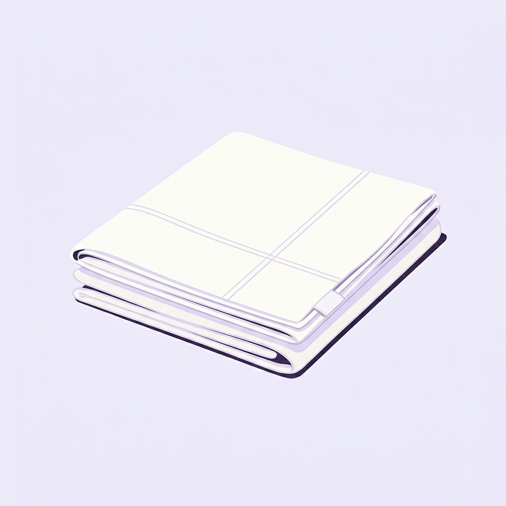 Minimalist 2D vector illustration of neatly folded white cotton sheets on a soft lavender background with a small blank woven tag visible and subtle shadows