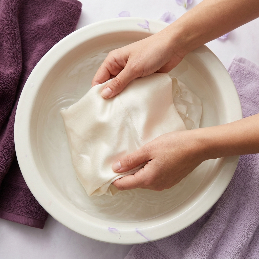 Close up of hands gently rinsing a silk pillowcase in a shallow basin with soft lavender and deep plum accents