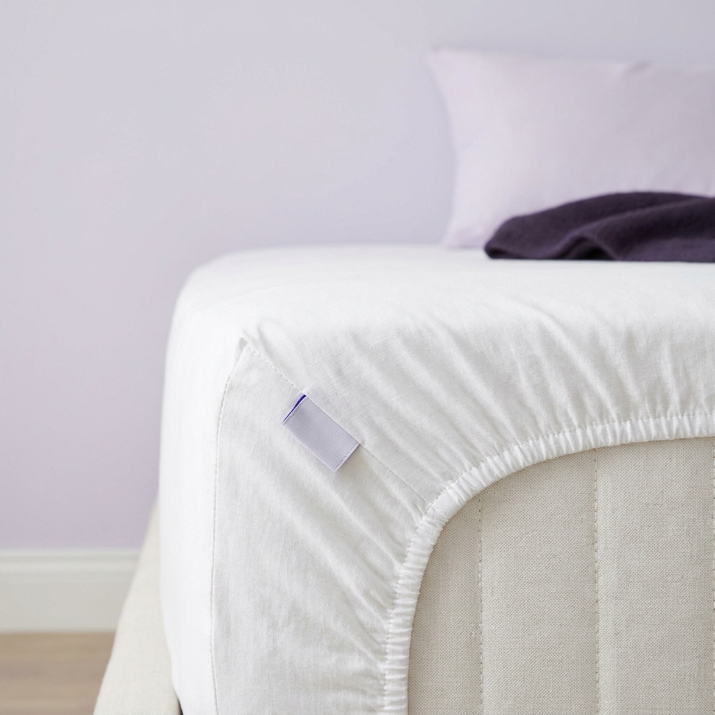 Close up of fitted sheet corner on mattress showing elastic and stitch detail white sheet soft lavender and deep plum accents