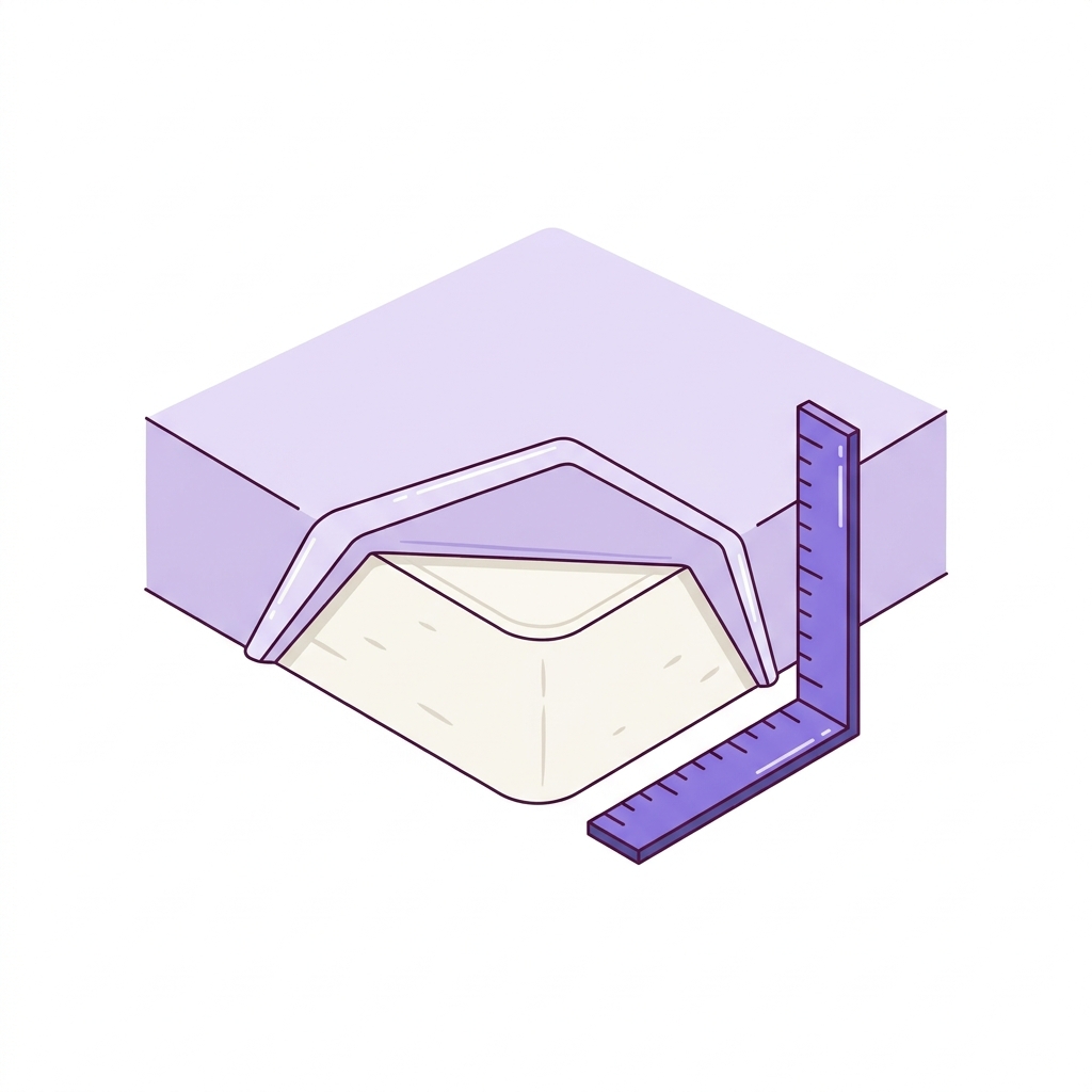 Minimal 2D vector of a flat sheet being tucked into a mattress corner with a simple L shaped pocket depth measuring tool beside it using Talk About Sleep colors