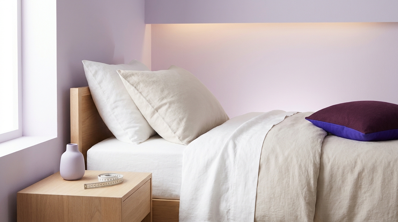Twin xl bed with white sheets, soft natural light, bedside table with unmarked tape measure, soft lavender and deep plum accents