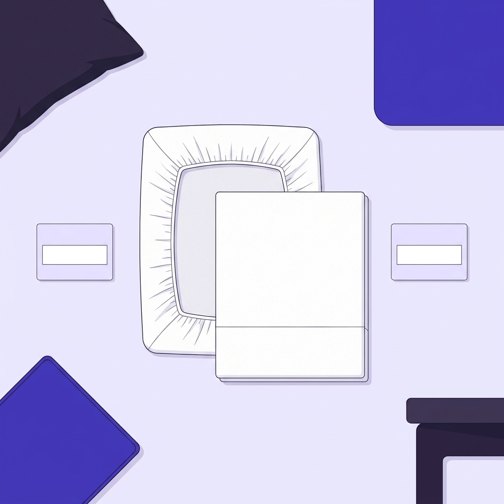 Minimalist top down vector illustration of a flat sheet and a fitted sheet arranged with two blank printable size guide cards on a soft lavender background