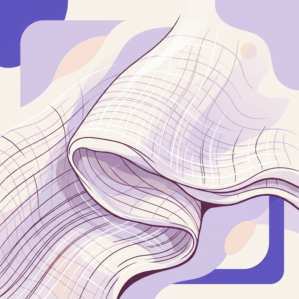 Close up view of muslin weave showing airy gauze texture under soft diffuse light on a soft lavender background with minimal negative space