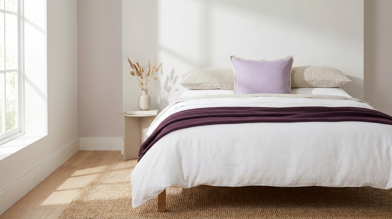 Editorial minimalist bedroom with layered pillows and a visible Euro sham behind sleeping pillows