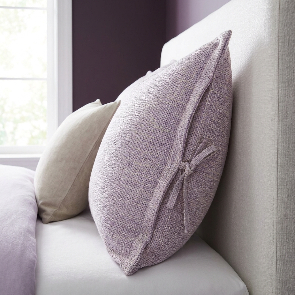 Minimalist full frame close photo of a euro sham with visible envelope closure on a headboard
