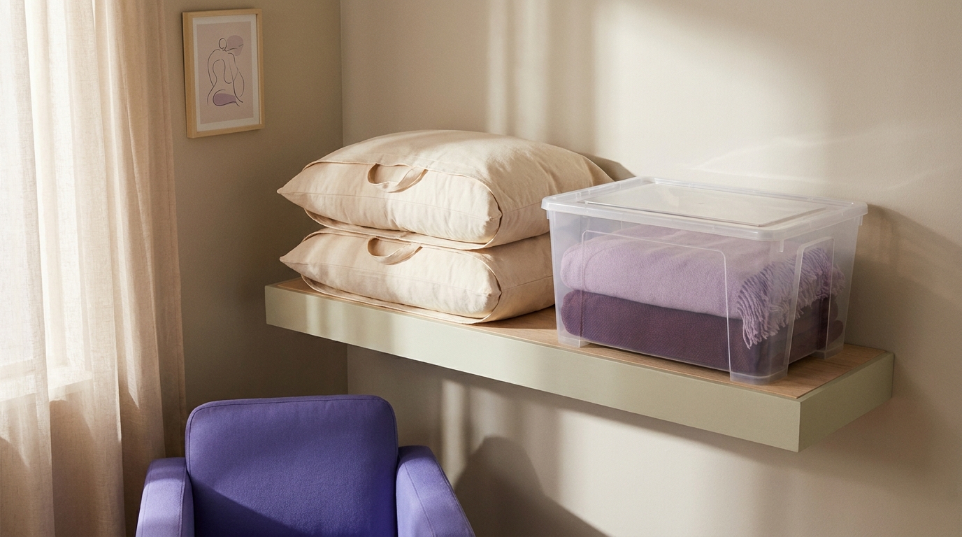 Calm bedroom scene with stacked pillows in breathable canvas bags beside a clear lidded storage bin in soft natural light