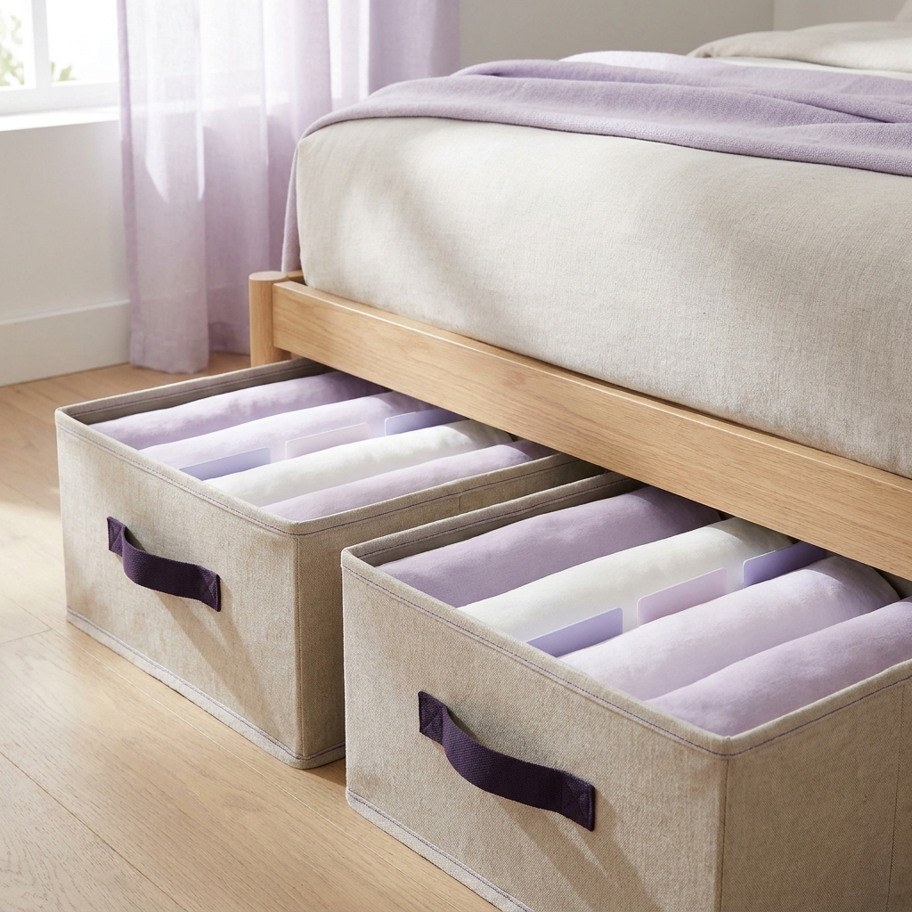 Under bed fabric storage bins partly pulled out showing neatly folded pillow covers in divided color coded compartments in a minimalist tidy bedroom