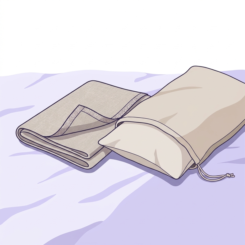 2D vector close up of a folded decorative pillow cover next to its insert inside a breathable cotton bag on a bed with soft neutral tones and brand color accents