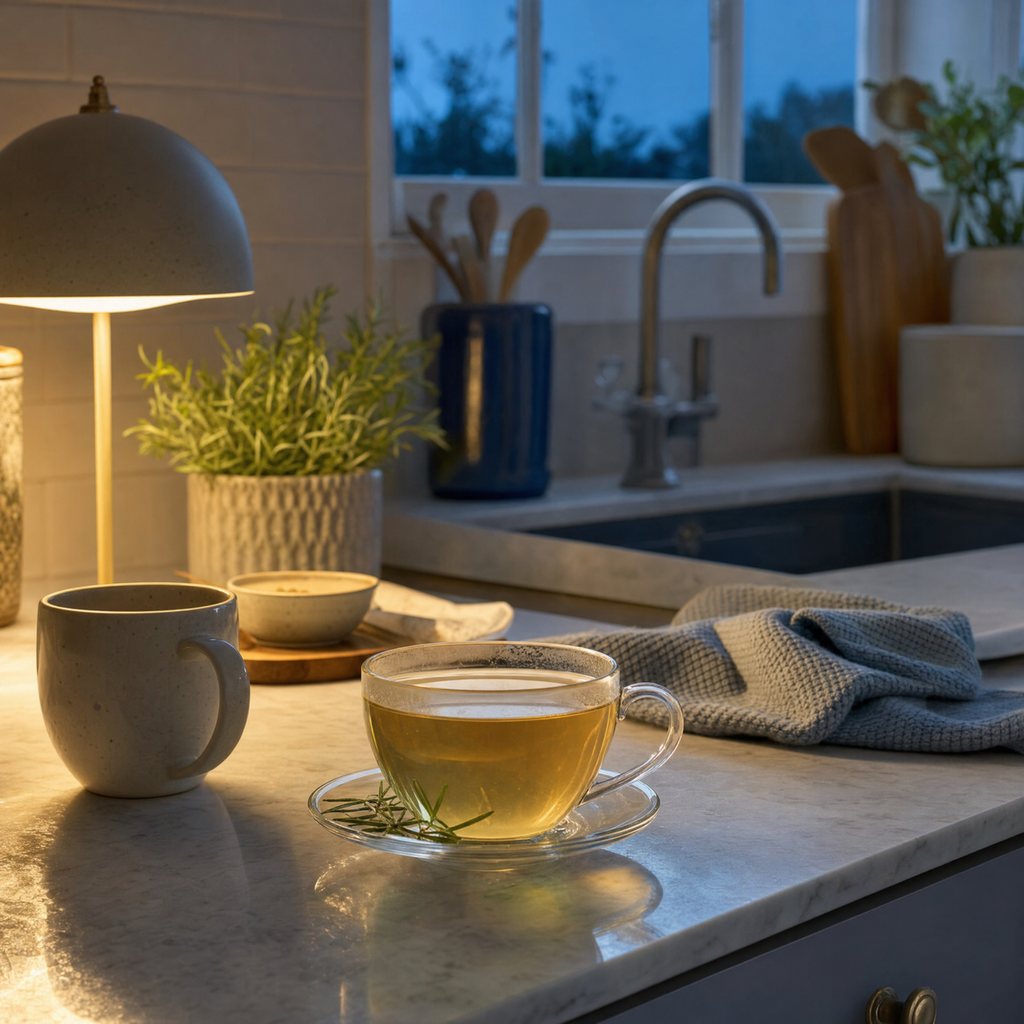 A cup of herbal tea on an evening kitchen counter with a coffee mug pushed aside in warm lamp light